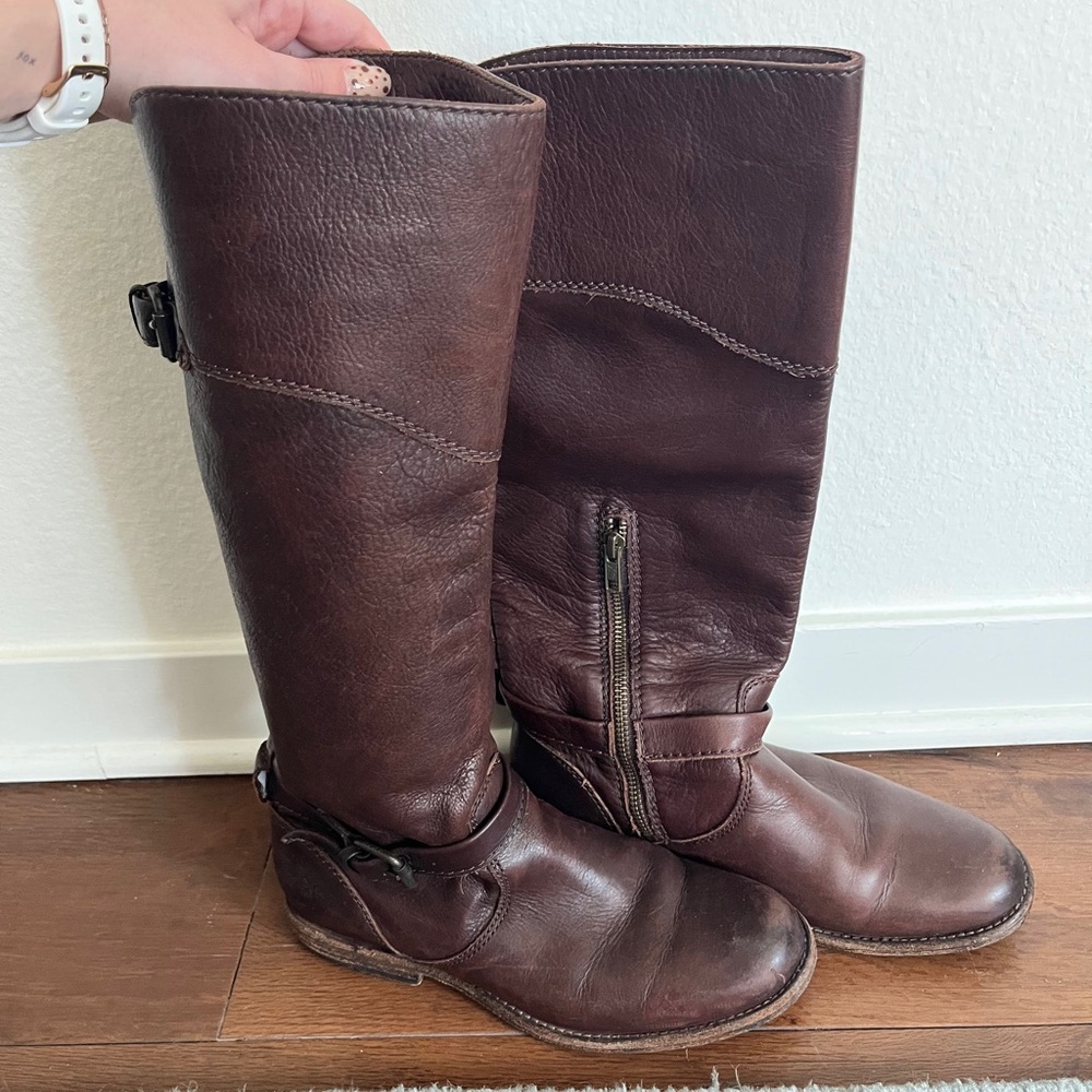 Frye Dark Brown Buckle Leather Boots
